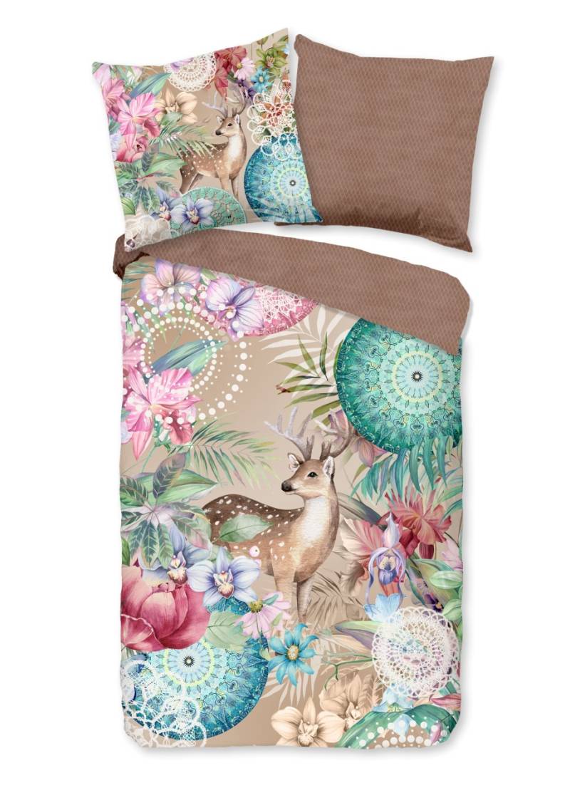 hip Flanell Bettwäsche 155x220 Hebe Hirsch Mandala Wende braun sand bunt 30950 von HIP
