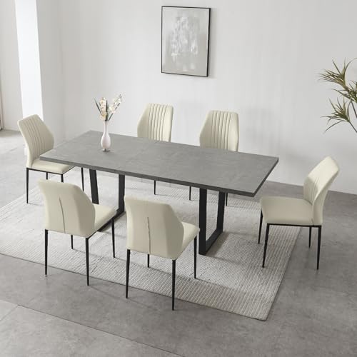 Esstisch Mit 4-8 Stühlen Set, Esszimmertisch Ausziehbar, Tisch Esszimmer, Essgruppe Mit 4-8 Stühle, MDF-Platten Holztisch Geeignet Für Wohnzimmer, Küche (1 Tisch und 6 weiße Stühle) von HIPIHOM