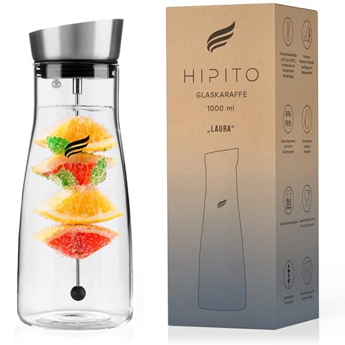 HIPITO Glaskaraffe 1,0l - Laura - Premium Wasserkaraffe mit Deckel aus Edelstahl - Wasserkaraffe mit Fruchteinsatz aus hitzebeständigem Borosilikatglas - Karaffe Glas mit Deckel mit Fruchtspieß von HIPITO