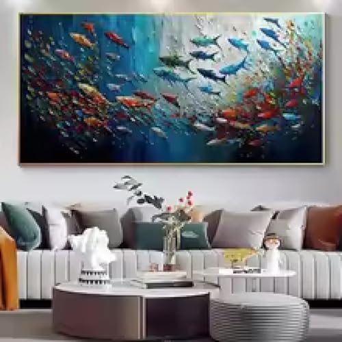 HIPWST Abstract Blue Sea Fish Canvas Painting Nordic Graffiti Large Size Posters Print Modern Living Room Home Decor Picture 70x140cm Frameless von HIPWST