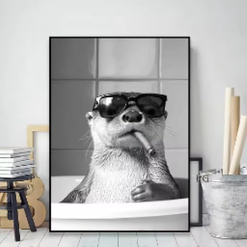 HIPWST Funny Otter Black and White Cute Animal Canvas Print Poster Minimalist for Washroom Home Decor Poster Gifts 80x120cm Frameless von HIPWST