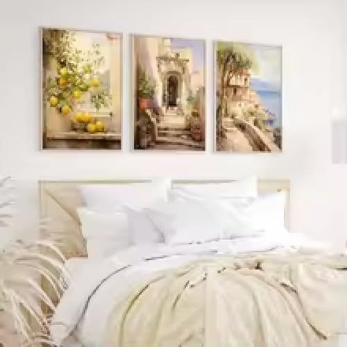 HIPWST Mediterranean Landscape Canvas Prints Poster Italy Vintage Lemon Botanical Art Prints Home Decor Art Poster 60x80cmx3 Frameless von HIPWST