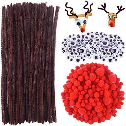 450 Stück Pfeifenputzer Set,150 Stück Pfeifenreiniger Braun,150 Stück Wackelaugen Selbstklebend,150 Stück Rote Pom Poms,Bastelzubehör Kinder,Chenille Draht,Weihnachten Rentier(B) von HIQE-FL