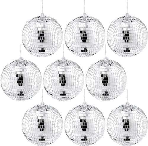 9 Stück Silber 10cm Spiegel Disco Ball,Hängendes Disco Licht,Glitzerkugel,Silber Discokugel,Weihnachtsbaum Hochzeit,Zuhause Geburtstag Party Dekoration von HIQE-FL