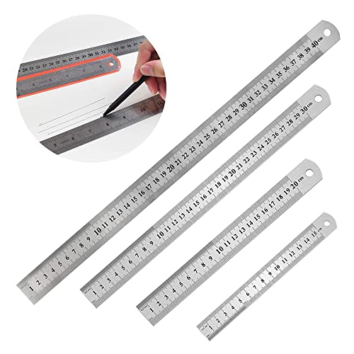 HIQE-FL Edelstahl-Lineal 4er Set,Stahllineal,15/20/30/40cm Metalllineal mit Doppelseiten Skala Kante,Messwerkzeug Metall von HIQE-FL
