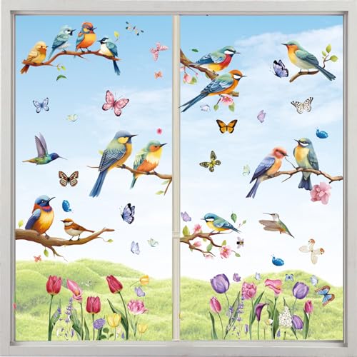 Fensterbilder Frühling,9 Blätter Fensterbilder Frühling Selbstklebend,Fenstersticker,mit Blumen Vogel Schmetterling,Aufkleber Fenstersticker，für Frühling Deko Fenster Kinderzimmer von HIQE-FL