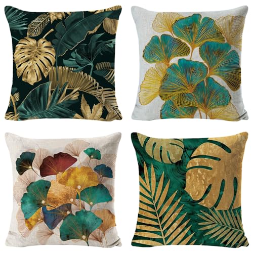 HIQE-FL 4 Stück Kissenbezug 45x45, Petrol Gold mit unsichtbarem Reißverschluß, Outdoor Kissenbezug, Leinen, für Sofa, Bett, Auto, Büro, Café, Garten von HIQE-FL