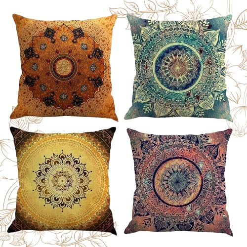 HIQE-FL 4 Stück Kissenbezug 45x45,Boho Indisch Blumen Kissenhülle,Leinen Kissenhülle,Sofa Kissenbezug,Kissenhülle Baumwolle,Outdoor Kissenbezug,für Sofa Bed Auto Büro Cafe Garten Room von HIQE-FL