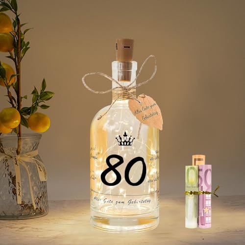 HIQE-FL Geldgeschenke LED Flaschenlicht,80 Geburtstag Leuchtflasche Coole Geschenkideen, LED Flaschenlicht mit Spruch,Geldgeschenke Geburtstag,Geburtstagsgeschenk von HIQE-FL