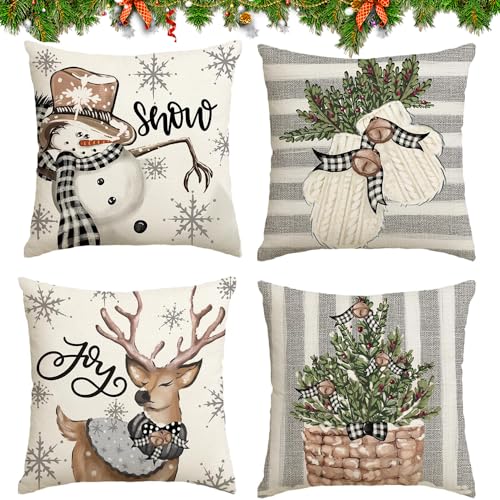 HIQE-FL Leinen Dekokissen,4Pcs Kissenbezug Weihnachten,Dekorative Kissenhülle,Kissenhülle Weihnachten,Weihnachten Kissenbezug Rehntier,Kissenbezug Weihnachtsmotiv (40 x 40 cm) von HIQE-FL