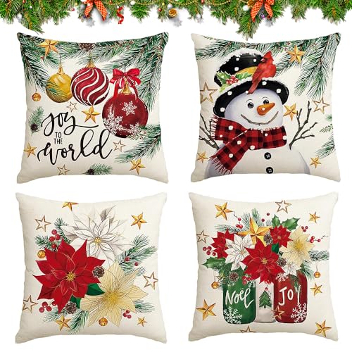 HIQE-FL Leinen Dekokissen,4Pcs Kissenbezug Weihnachten,Dekorative Kissenhülle,Kissenhülle Weihnachten,Weihnachten Kissenbezug Rehntier,Kissenbezug Weihnachtsmotiv (45 x 45 cm) von HIQE-FL