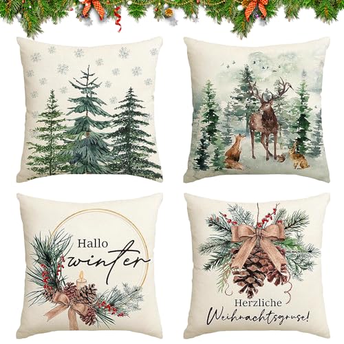 HIQE-FL Leinen Dekokissen,4Pcs Kissenbezug Weihnachten,Dekorative Kissenhülle,Kissenhülle Weihnachten,Weihnachten Kissenbezug Rehntier,Kissenbezug Weihnachtsmotiv (50 x 50 cm) von HIQE-FL