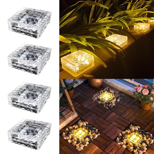 Set Solar Pflastersteine Außenleuchte,4Pcs Solarsteine für Außen Garten Wasserfest,10X10X5cm,LED Solar Bodenleuchten Solarlampen Außen,Dekoration Lichter für Garten,Balkon,Pfad（Warme Farben） von HIQE-FL