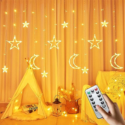 HIQE-FL Sterne Vorhang Lichter,3.5M LichtLichterkette Sternenvorhang,8 Modi Für Innen,LED Mond Sterne Weihnachten Lichterkette,LED Lichterketten Stern Mond,Weihnachten,Ramadan,Partydekoration(A) von HIQE-FL