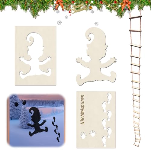 HIQE-FL Wichtel-Schablone: Fußabdrücke & Strickleiter, Weihnachtswichtel Elf, Fenster & Boden, für Wichtelstreich & Dekoration von HIQE-FL