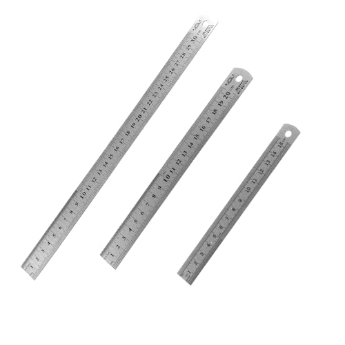 3 Stück Edelstahl Lineale, Metall Lineal Set 15/20/30cm, Stahlmaßstab Doppelseiten Skala Kante Zentimeter & Zoll Stahllineal Messwerkzeug Präzision Herrscher für Engineering Lehre Office Büro Schule von HIQU and HIST