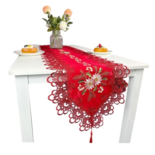 Tischläufer Roter Bestickter Stoff 40X180Cm Stechpalmenblätter Tannennadeln Blumen Dekostreifen Tischdecke - Blumen von HIRAIDAI