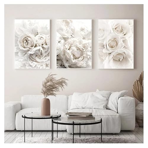 HIRHOEH 3er Premium Poster Set Wandbilder, Weiß Pfingstrose Blume Leinwandbilder, Ohne Rahmen Weiß Kunstposter Wanddeko für Wohnzimmer Schlafzimmer (A,40x50cm) von HIRHOEH