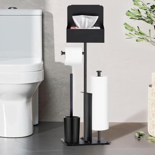 Toilettenpapierhalter Stehend mit WC Bürste - HISAMGO Edelstahl Schwarz Garnitur mit Klopapierhalter und Klobürste, Ohne Bohren, Toilettenbürste und Klorollenhalter mit Feuchttücherbox von HISAMGO