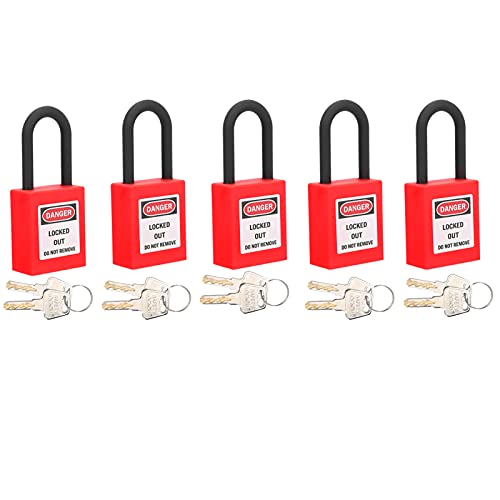 HISUEKIG Lockout Lock 5 Sets 38 Mm Nylonstaubsicheres Sicherheits Vorhängeschloss mit Warnscheibe, Leichtgewichts -Schlüsselbindung für Industriegelände, Geeignet für Fabriken, (Rot) von HISUEKIG