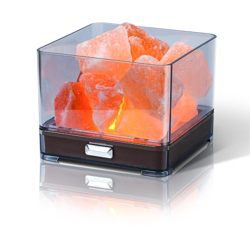 HISUNY Himalaya Salzlampe mit Dimmerschalterlicht, Salz Lampe aus der Salt Range Pakistan, Mini USB LED Nachtlampe, Himalaya Kristallsteinsalz Lampe rosa Licht, Orange, Quadratische Form von HISUNY