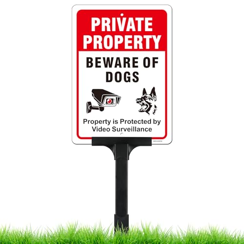 Schild "Private Property Beware of Dog" mit verstellbarem Höhenpfahl, "Property is Protected by Video Surveillance" Schild, 25,4 x 17,8 cm hoch, 50 mm dickes, reflektierendes Aluminium, Plug-and-Play von HISVISION