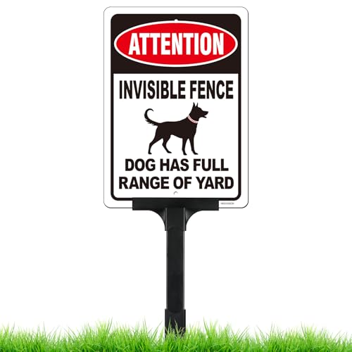 Schild mit Aufschrift "Attention Invisible Fence Dogs" mit verstellbarem Höhenpfahl, "Dog Has Full Range of Yard", "Beware of Dog", 25,4 x 17,8 cm hoch, 50 mm dick, reflektierendes Aluminium von HISVISION