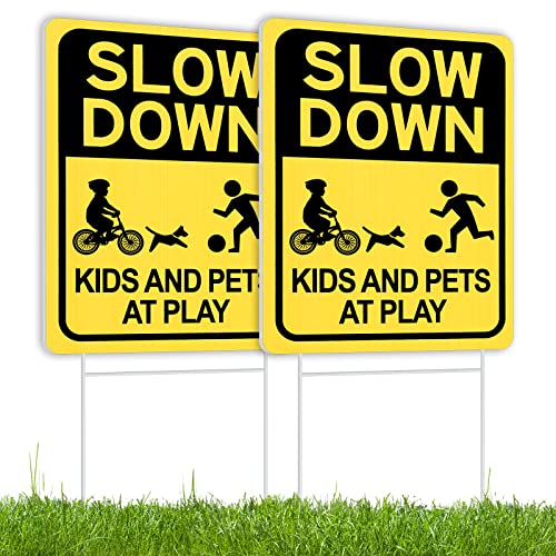Slow Down Schild mit Metallpfahl, 2 Stück, Kinder und Haustiere beim Spielen, 40,6 x 30,5 cm, Wellkunststoff, doppelseitig, Hofschild, Kindersicherheitsschild, Kinderschild für Straße, von HISVISION