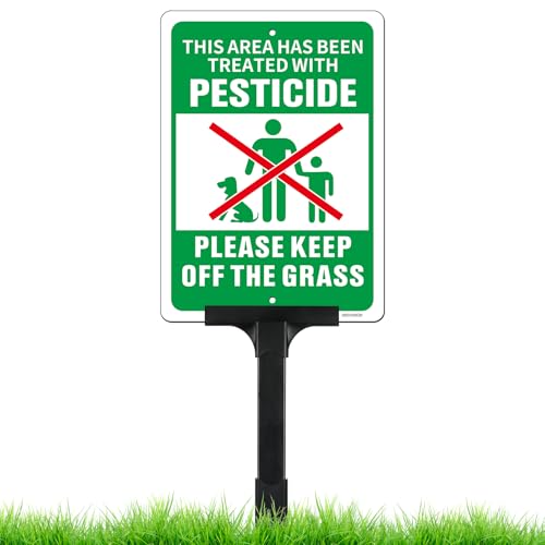 This Area Has Been Treated with Pesticide, Please Keep Off the Gras-Schild mit höhenverstellbarem Pfahl-Set, 25,4 x 17,7 cm hoch, 50 mm dickes Aluminium, Pestizidschild für Rasen, Plug-and-Play-bereit von HISVISION