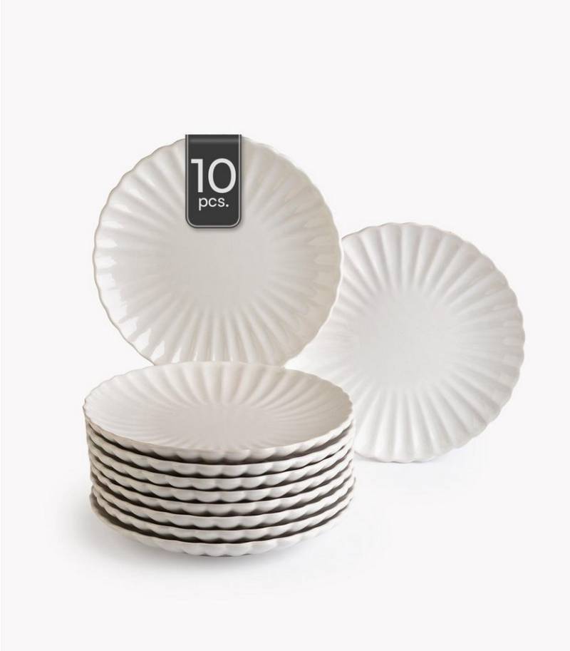 HIT Trading Dessertteller GROOVES, Ø 19,5 cm, Creme, Steingut, (10 St), Spülmaschinengeeignet von HIT Trading