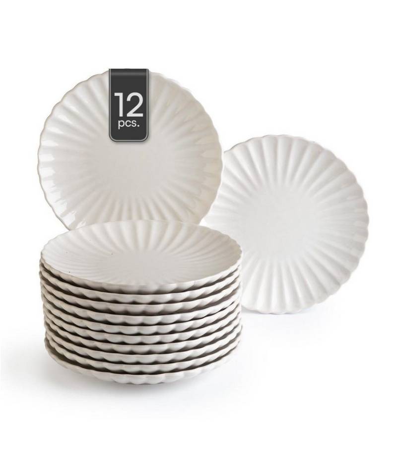 HIT Trading Dessertteller GROOVES, Ø 19,5 cm, Creme, Steingut, (12 St), Spülmaschinengeeignet von HIT Trading