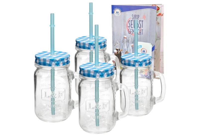 HIT Trading Glas 4er Set Glasbecher mit Henkel Deckel und Trinkhalm blau kariert 0,5L, Glas HIT Trading Glas 4er Set Glasbecher mit Henkel Deckel und Trinkhalm blau kariert 0,5L, Glas von HIT Trading