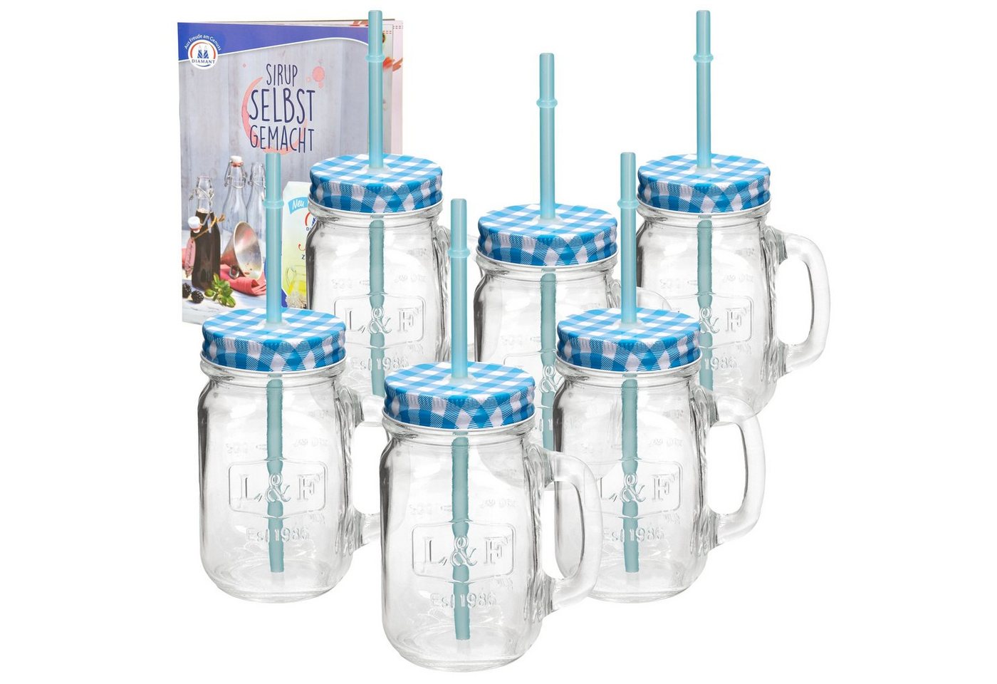 HIT Trading Glas 6er Set Glasbecher mit Deckel und Trinkhalm blau kariert - 0,5 Liter, Glas von HIT Trading