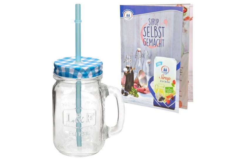 HIT Trading Glas Glasbecher mit Henkel, Deckel und Trinkhalm blau kariert 0,5 Liter, Glas von HIT Trading