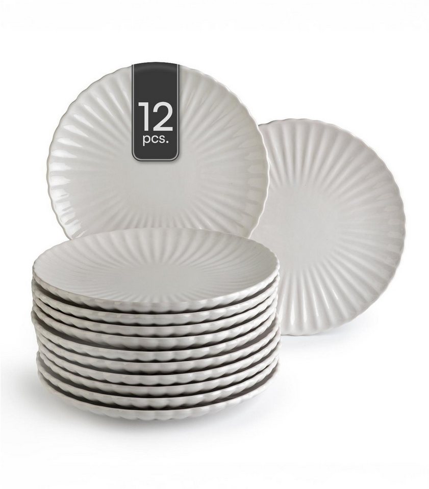 HIT Trading Speiseteller GROOVES, Ø 27 cm, Creme, Steingut, (12 St), Spülmaschinengeeignet von HIT Trading