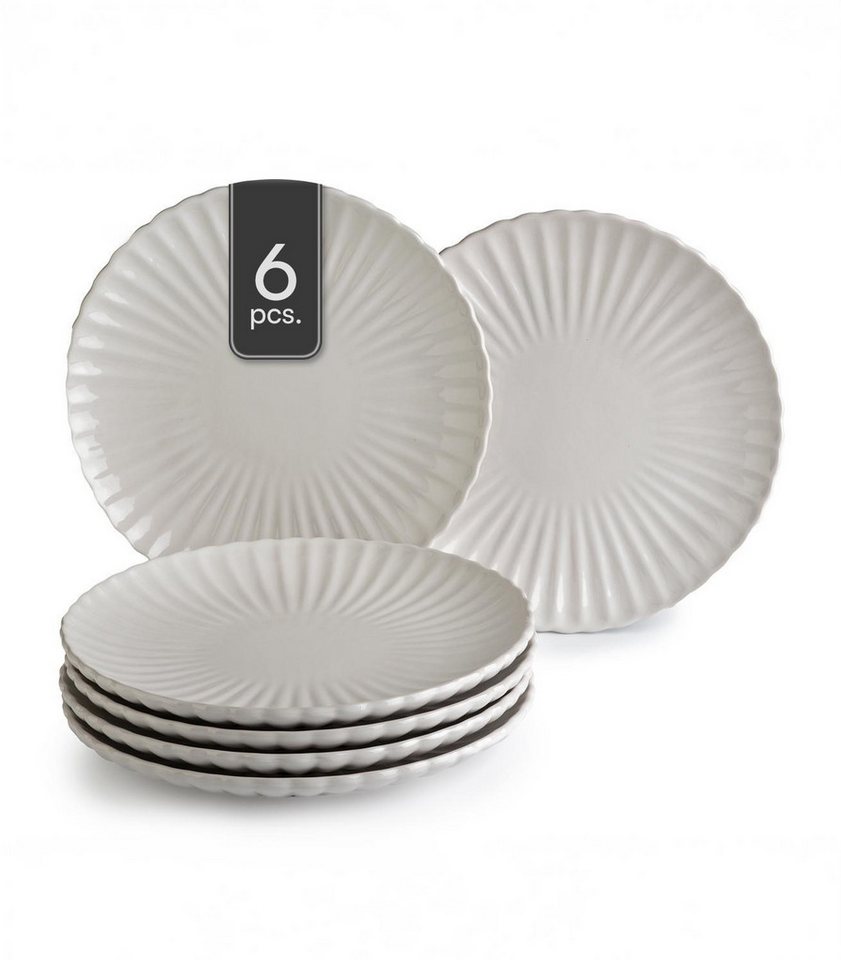 HIT Trading Speiseteller GROOVES, Ø 27 cm, Creme, Steingut, (6 St), Spülmaschinengeeignet von HIT Trading