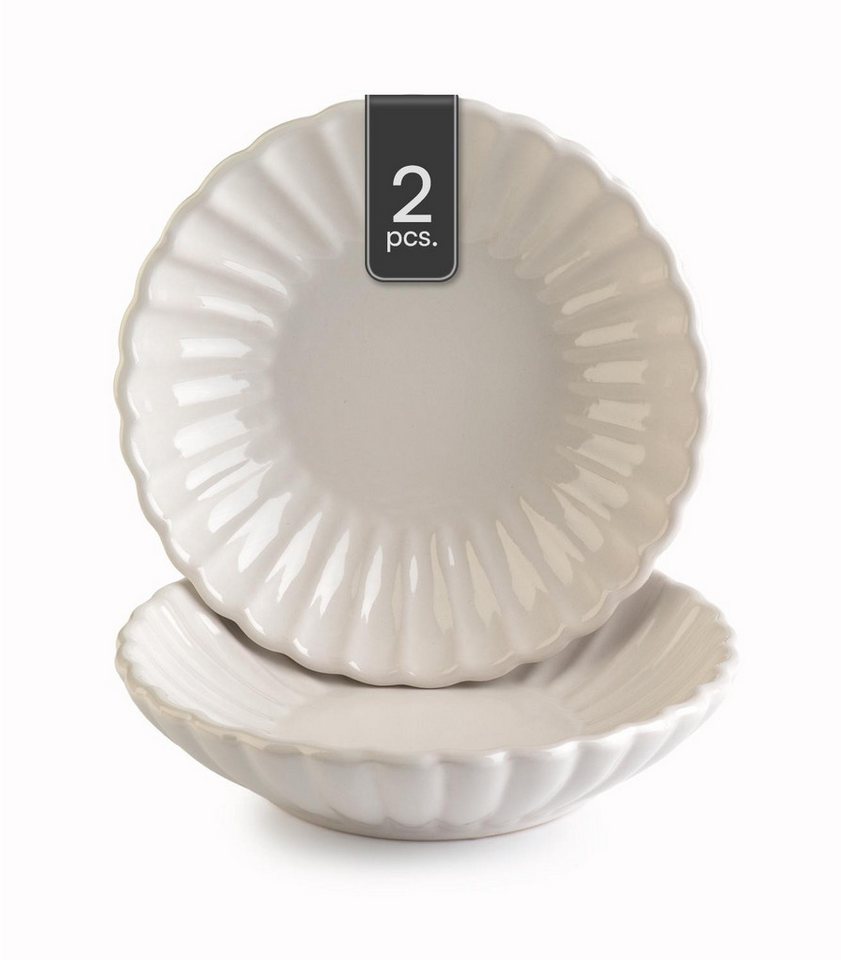 HIT Trading Suppenteller GROOVES, Ø 20 cm, Creme, Steingut, (2 St), Spülmaschinengeeignet von HIT Trading