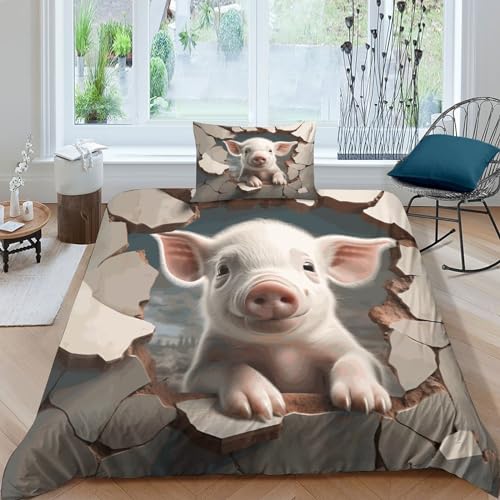 HITBOD Baby Schwein Bettwäsche 3D Süße Tiere Bettbezug Weich Mikrofaser Mit Reißverschluss Und Kissenbezug Dreiteiliger Single（135x200cm） von HITBOD