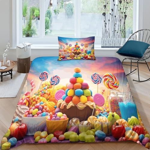 HITBOD Süßigkeiten Bettwäsche Mädchen Kinder Bettdeckenbezug Jungen Mikrofaser-Polyester 3D-Druck Bettbezug Und Kissenbezug Geschenk Für Geburtstag Weihnachten Single（135x200cm） von HITBOD