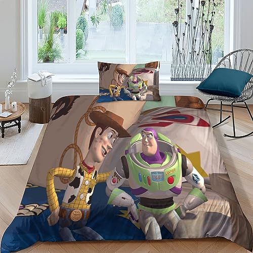 HITBOD Toy Story Woody Buzz Lightyear Bettbezug Set 3D Animierte Charaktere Bettwäsche Set Chic Betten Set Weich Microfaser Mit Kissenbezug 3teilig Single（135x200cm） von HITBOD