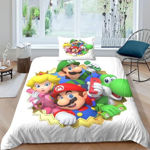 Super-Mario Bettwäsche Bettbezug Set Und Kissenbezug,für Jungen Und Mädchen,3D Dreiteiliger Anime-Charaktere Bettwäsche,Mikrofaser Mit Reißverschluss Single（135x200cm） von HITBOD