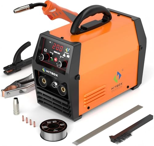HITBOX Schweißgerät, 130A 3 in 1 Fülldraht Schweißgerät mit MMA/MIG/LIFT WIG Schweissgerät, inkl Abnehmbarem MB15 Brenner und 0,8 mm Fülldraht, neues HBM1200 Upgrade von HITBOX