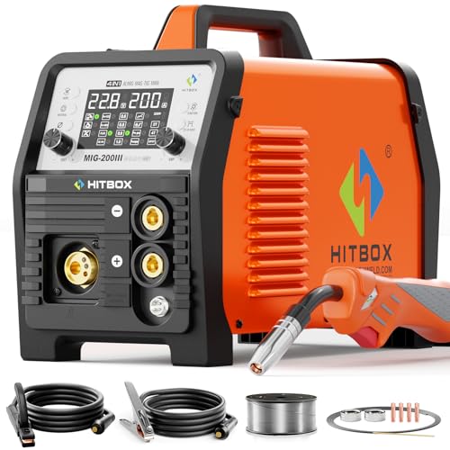HITBOX MIG-Schweißgerät 200A, Gas MIG/Gaslos/E-Hand/Lift TIG/Punktschweißen/Spool Gun 230V, Aluminium-Schweißgerät mit LED-Display und Vor/Nachgas(MIG200III) von HITBOX