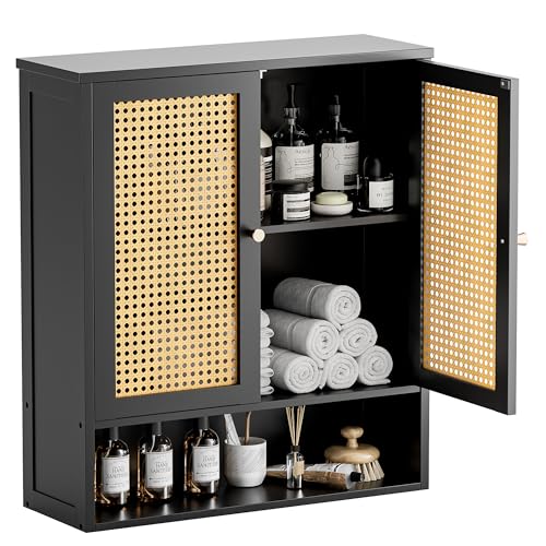 HITNET Badezimmer-Wandschrank mit 2 Rattantüren (Schwarz) von HITNET