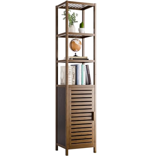 HITNET Bad Hochschrank Walnuss, Schmaler Badschrank Bambus Badzimmerschrank mit offenen Regal und Verstellbare Ablagen für Badezimmer Küche Wohnzimmer von HITNET