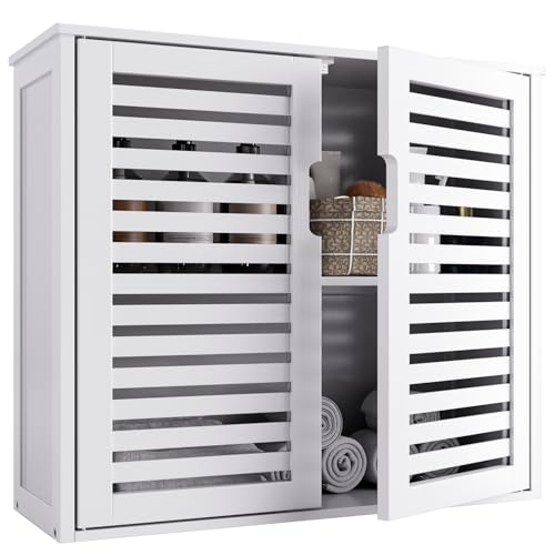 HITNET Bambus Hängeschrank Weiß, Badezimmer Wandschrank Hängend, Medizinschrank über der Toilette mit verstellbaren Regalen, Badschrank Wandmontage von HITNET