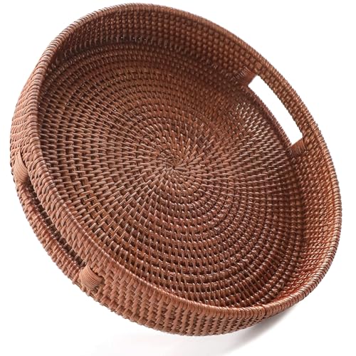 HITOMEN 36,1 cm handgewebtes rundes Rattan-Serviertablett dekorative Ottomane Weidenplatte mit Griffen für Couchtisch, Frühstück, Getränke, Snack, Brot, Obst, Gemüse (Braun - L) von HITOMEN