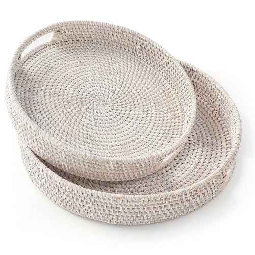 HITOMEN Handgewebtes rundes Rattan-Serviertablett Dekorative Ottomane Weidenplatte mit Griffen für Couchtisch, Frühstück, Getränke, Snack, Brot, Obst, Gemüse (Whitewash 2er Set:M+L) von HITOMEN