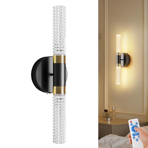 HITOO Akku Wandleuchte Inner ohne Bohren Wiederaufladbar mit Fernbedienung 15W Wandlampe 360° Glaslinse, 960LM,10000mAh Akku,Dimmbar, Timer,Schwarz, Für Flur,Treppenhaus, Notbeleuchtung von HITOO