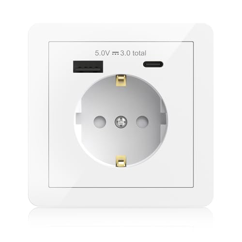 USB-Steckdosensystem, Schutzkontaktsteckdose mit USB C, 3,1A Unterputz-Schuko-Wandsteckdose, passt in Standard-Unterputzsteckdose, Laden von Smartphone, Tablet, Weiß von HITRENDS